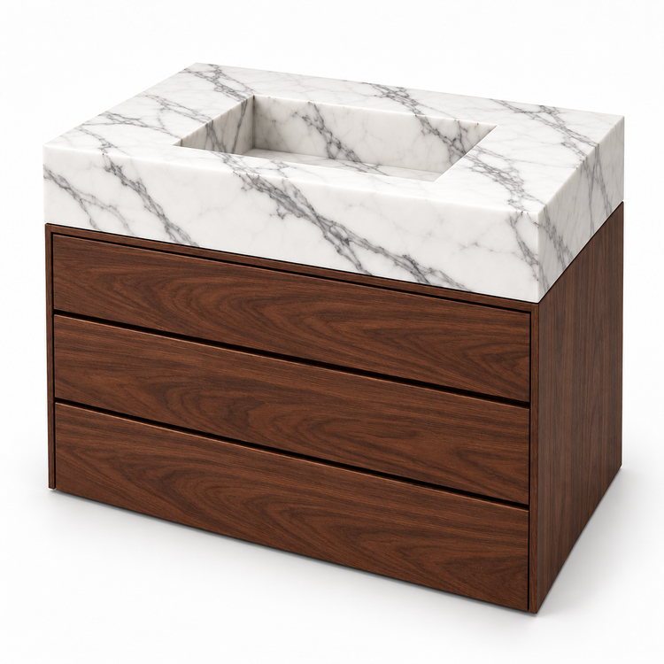 Statuario Integrated Marble Sink with Three-Drawer Dark Walnut Vanity, three-quarter view on white, design rendering