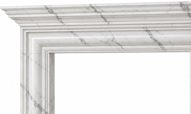 Statuario Layered Cornice Bolection Marble Fireplace Surround - upper mantel and carved profile detail