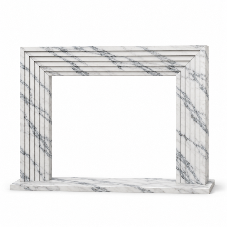 Statuario Linear Stepped Marble Fireplace Surround with Hearth on white background