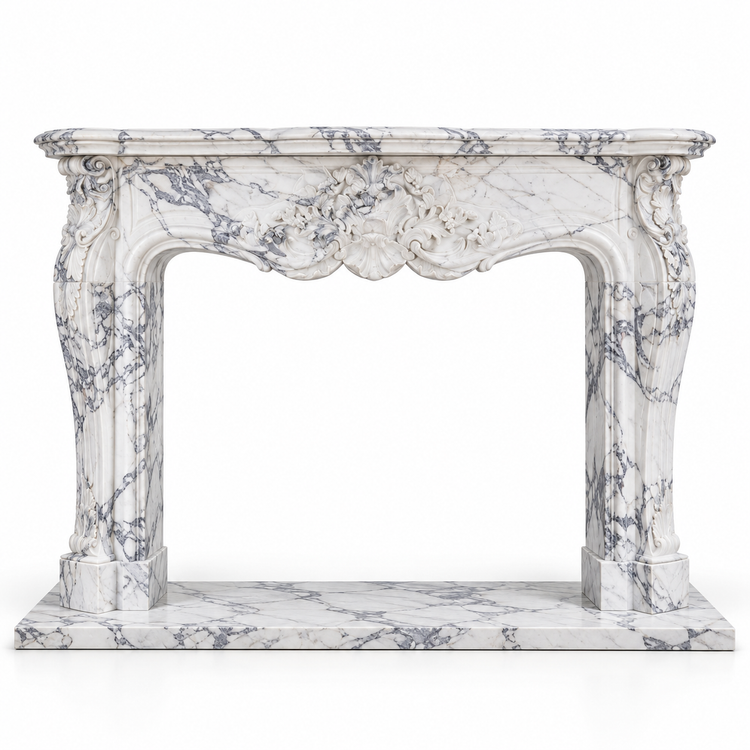 Statuario Louis XV Carved Marble Fireplace Mantel with Hearth on white background