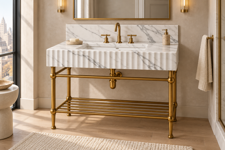 Statuario Marble Fluted Console Sink with Backsplash and Metal Legs and Rack Shelf, installed room hero, lifestyle design rendering
