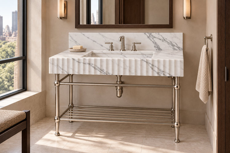 Statuario Marble Fluted Console Sink with Backsplash and Nickel Legs, installed room hero, lifestyle design rendering