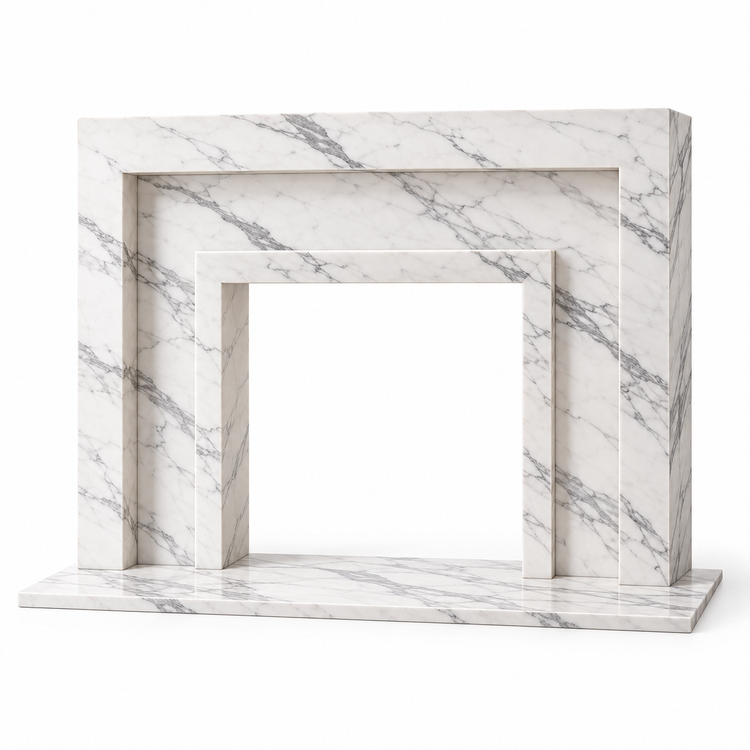 Statuario Stepped Portal Marble Fireplace Surround with Hearth on white background