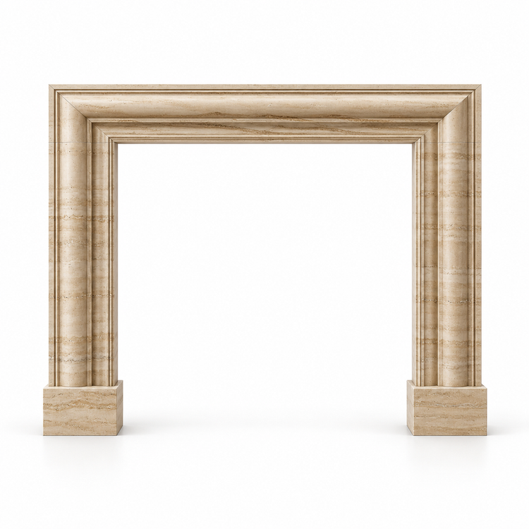 Travertine Bolection Stone Fireplace Surround on white background