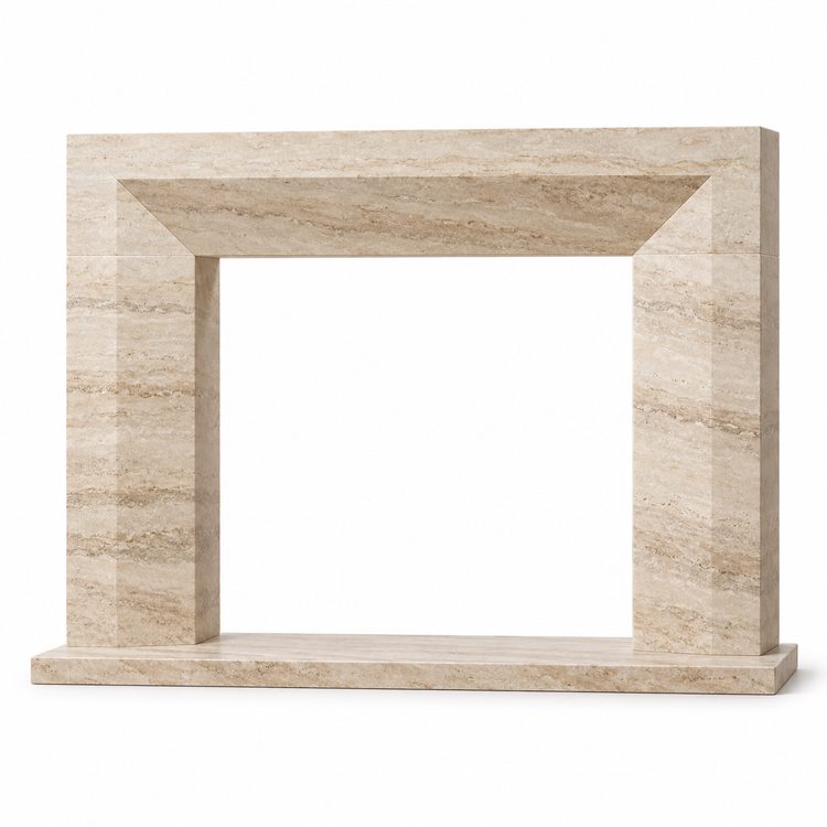 Travertine Chamfered Frame Stone Fireplace Surround with Hearth on white background