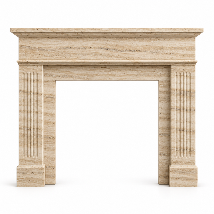 Travertine Classic Fluted Stone Fireplace Mantel on white background