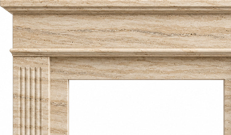 Travertine Classic Fluted Stone Fireplace Mantel - upper mantel and carved profile detail