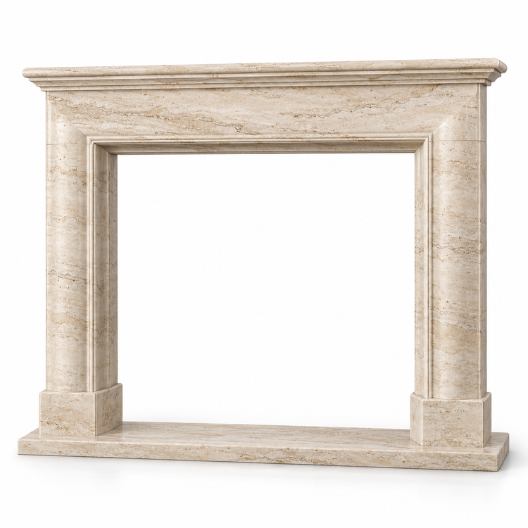 Travertine Classic Shelf Bolection Stone Fireplace Mantel with Hearth on white background