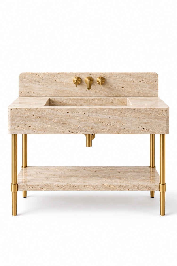 Travertine marble console bathroom vanity with straight backsplash, matching marble shelf and brass finish legs, white background digital design visualization