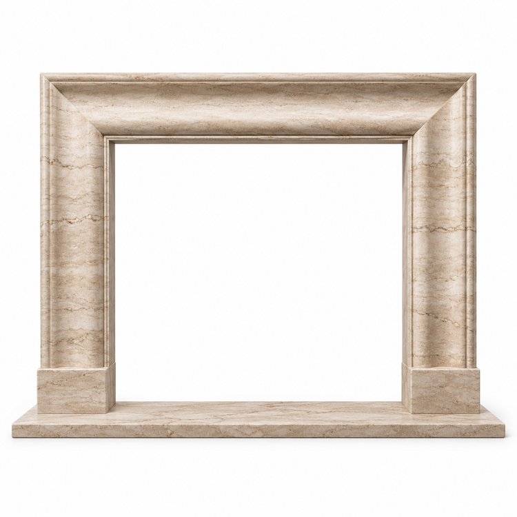 Travertine Coved Frame Stone Fireplace Mantel with Hearth on white background