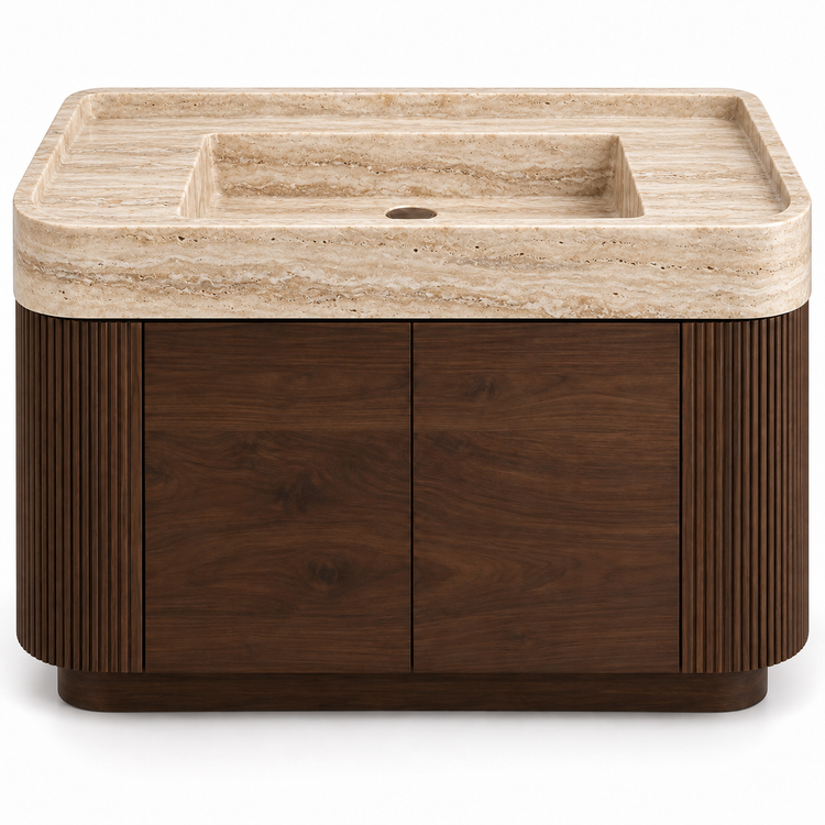 Travertine integrated sink with curved dark walnut vanity and fluted sides, front view