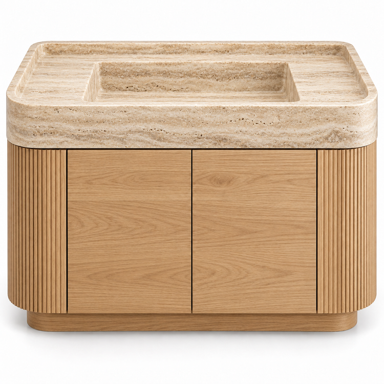 Travertine integrated sink with curved natural oak vanity and fluted sides, front view
