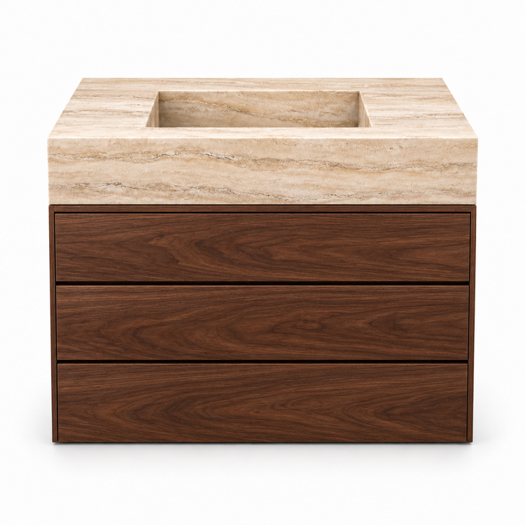 Travertine integrated stone sink with dark walnut three-drawer vanity, front view