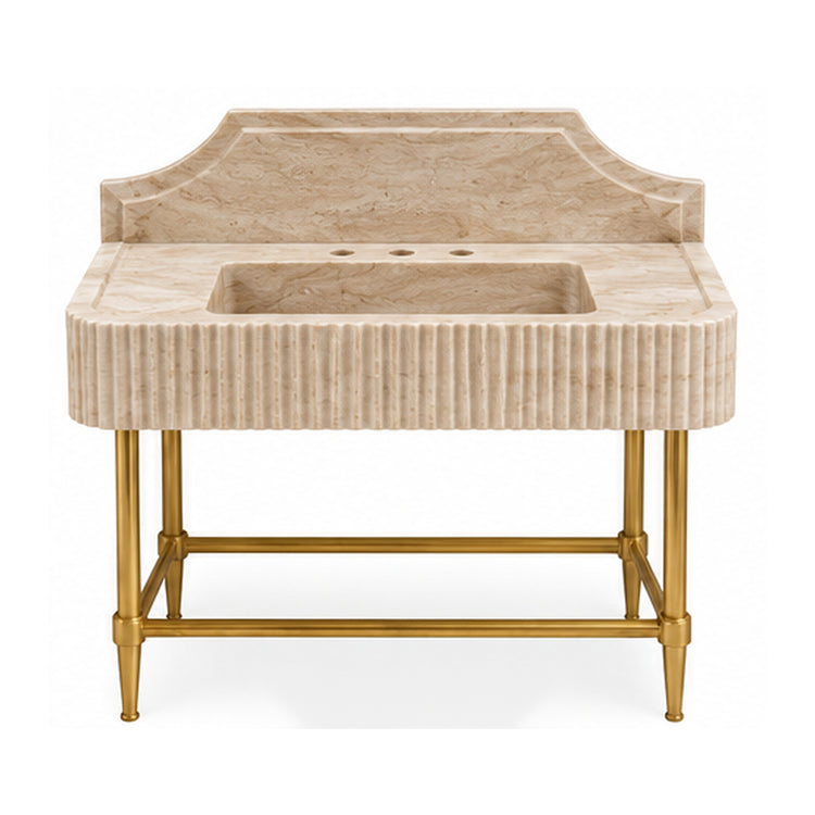 Travertine fluted marble console sink with curved backsplash and brass legs, white background digital design visualization