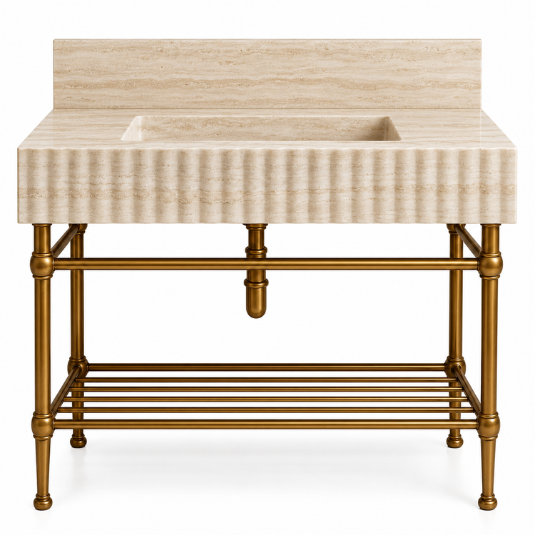 Travertine fluted console sink, backsplash and brass rack shelf, front view