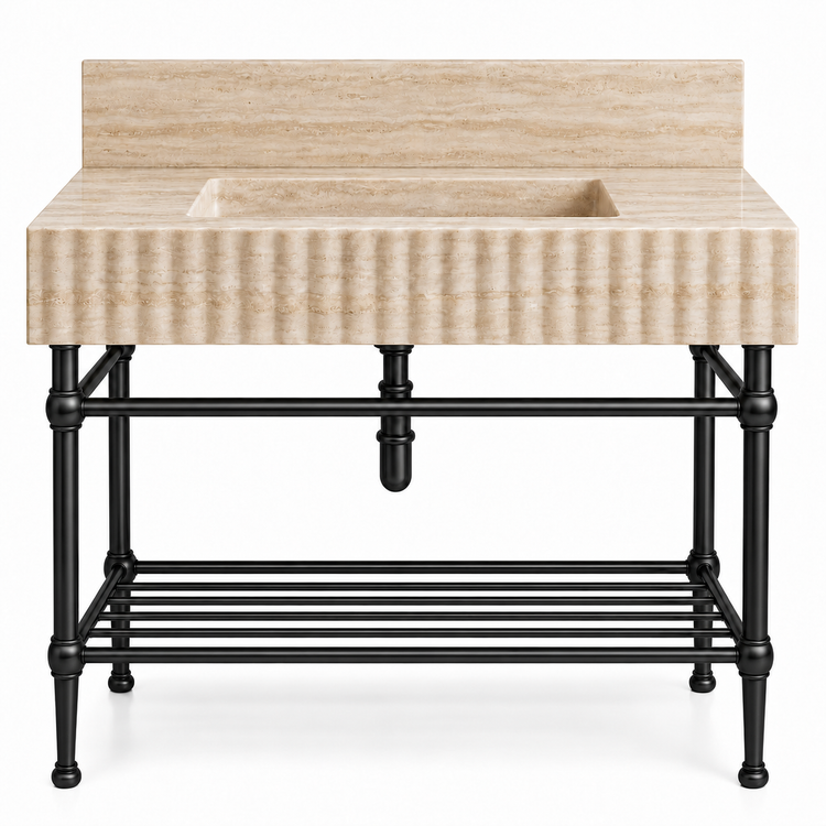 Travertine fluted sink with matte black console legs and lower shelf, front view