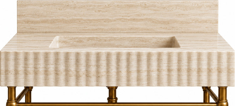 Travertine Fluted Console Sink with Backsplash and Metal Legs and Rack Shelf - basin and stone apron detail