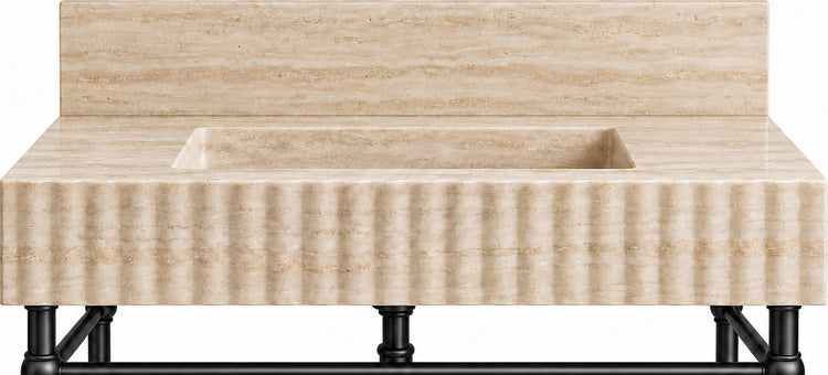 Travertine Fluted Console Sink with Backsplash and Matte Black Legs - basin and stone apron detail