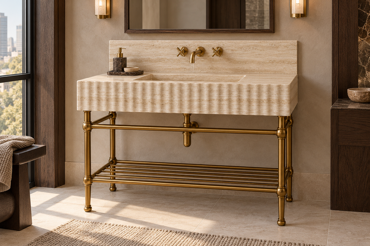 Travertine Fluted Console Sink with Backsplash and Metal Legs and Rack Shelf, installed room hero, lifestyle design rendering