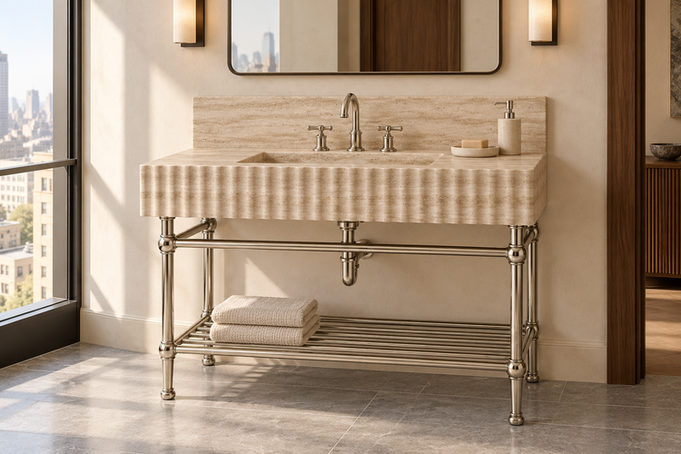 Travertine Fluted Console Sink with Backsplash and Nickel Legs, installed room hero, lifestyle design rendering