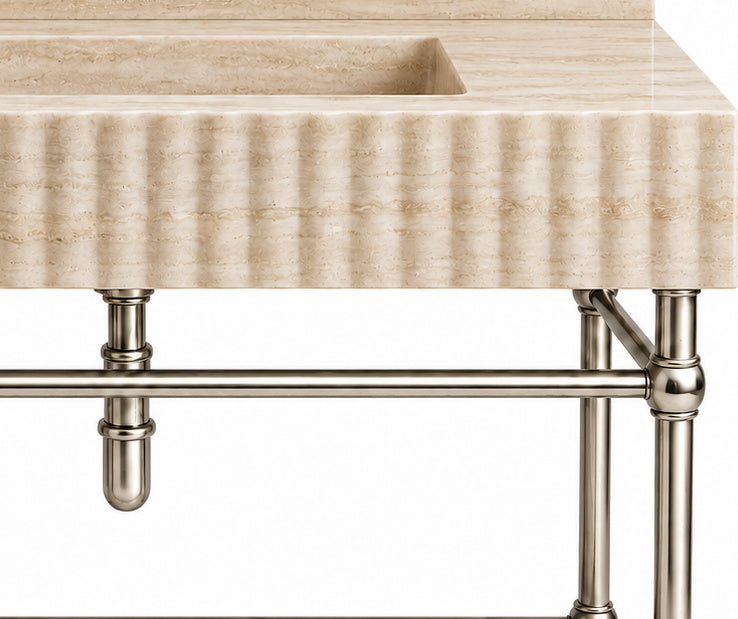 Travertine Fluted Console Sink with Backsplash and Nickel Legs - stone texture and metal support detail