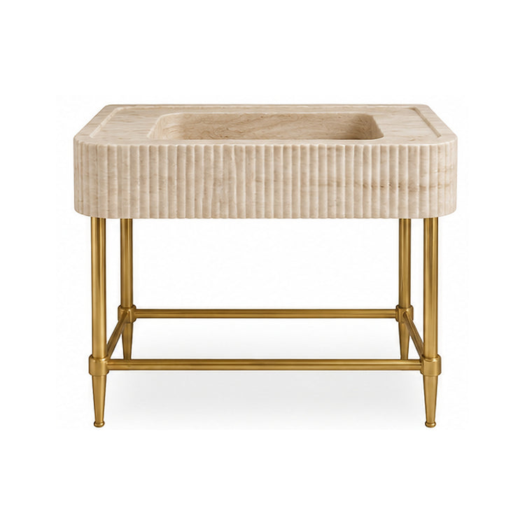 Travertine fluted integrated marble sink vanity with brass finish metal console legs, product design visualization on white background