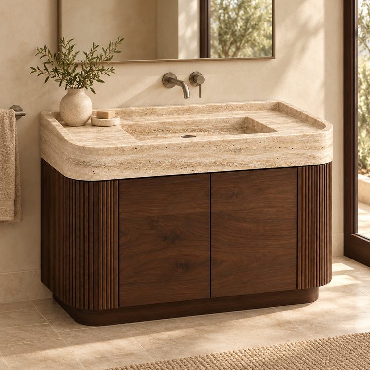 Travertine Integrated Stone Sink with Curved Dark Walnut Vanity, styled bathroom view, design rendering