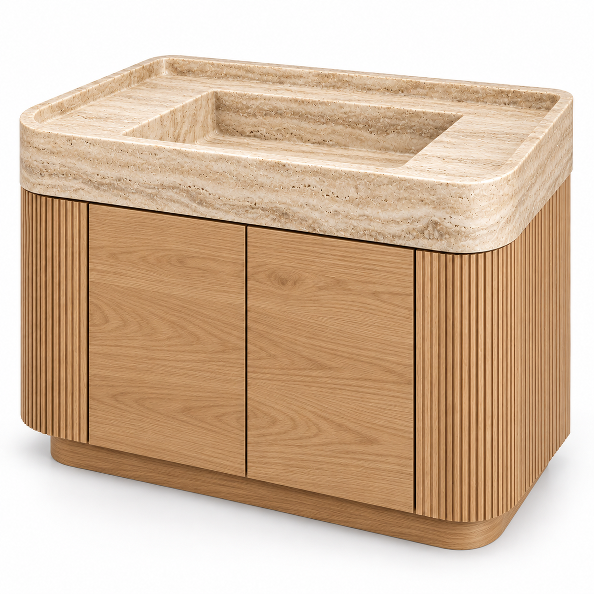 Travertine Integrated Stone Sink with Curved Oak Vanity, three-quarter view on white, design rendering
