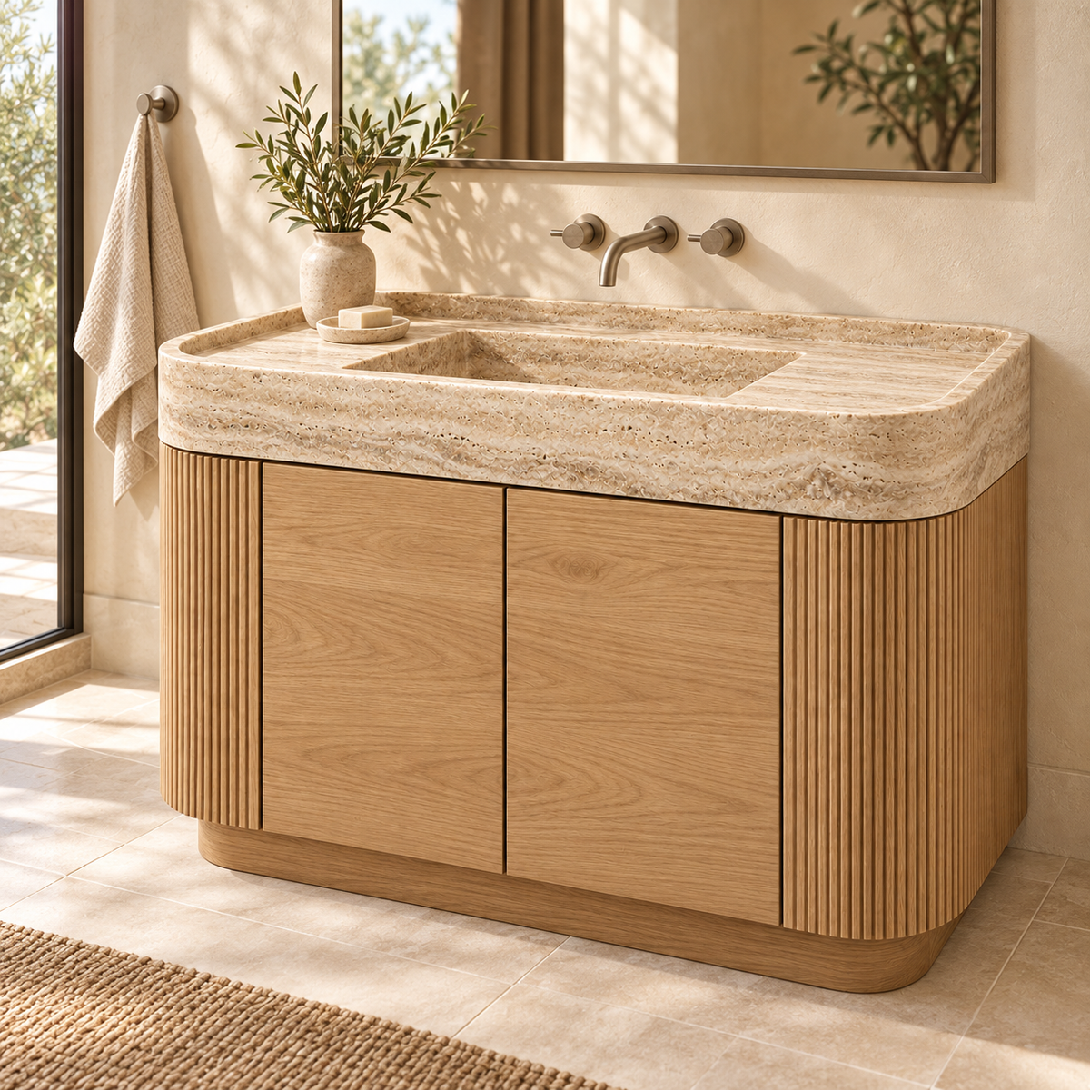 Travertine Integrated Stone Sink with Curved Oak Vanity, styled bathroom view, design rendering