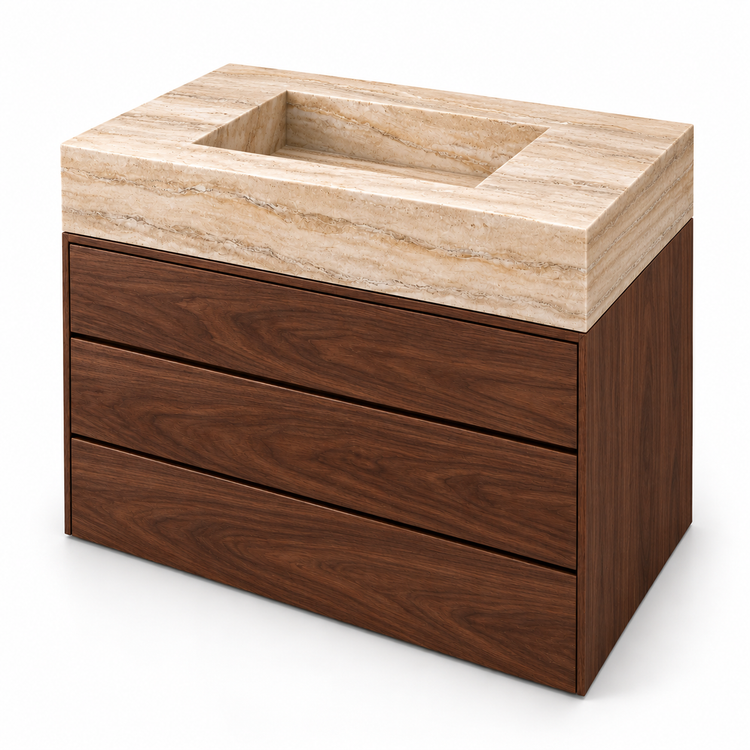 Travertine Integrated Stone Sink with Three-Drawer Dark Walnut Vanity, three-quarter view on white, design rendering