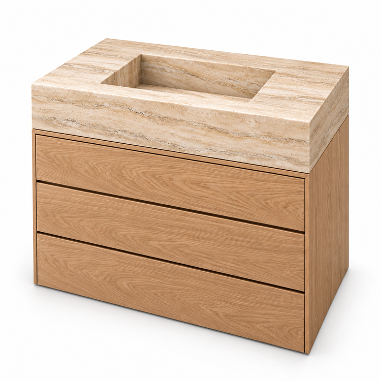 Travertine Integrated Stone Sink with Three-Drawer Oak Vanity, three-quarter view on white, design rendering