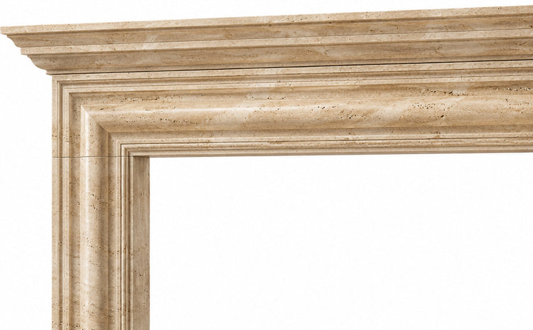 Travertine Layered Cornice Bolection Marble Fireplace Surround - upper mantel and carved profile detail