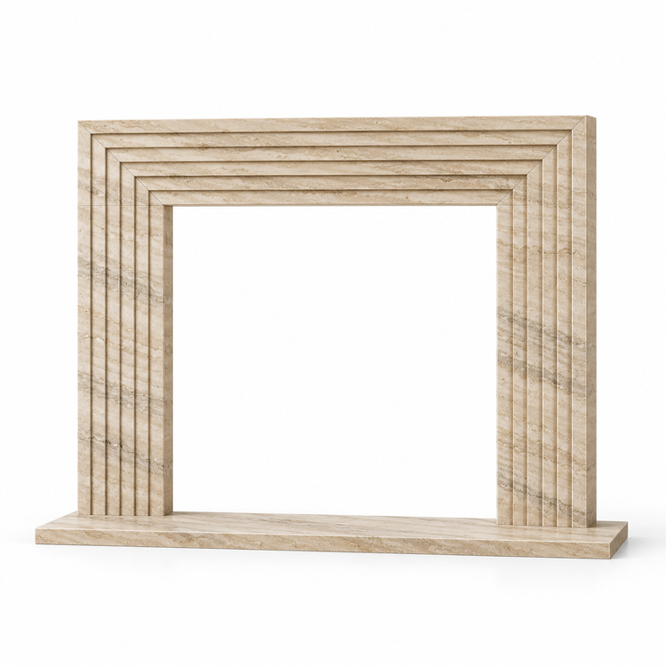 Travertine Linear Stepped Stone Fireplace Surround with Hearth on white background