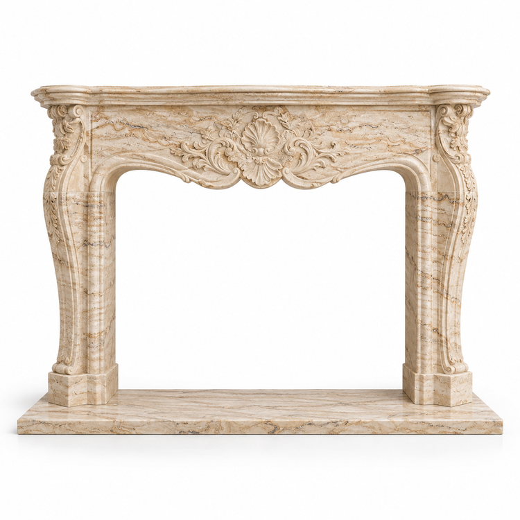 Travertine Louis XV Carved Stone Fireplace Mantel with Hearth on white background