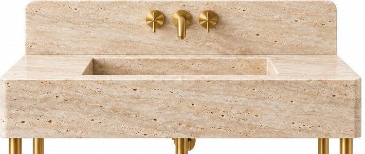 Travertine Stone Console Vanity with Brass Legs, Shelf & Backsplash - basin and stone apron detail