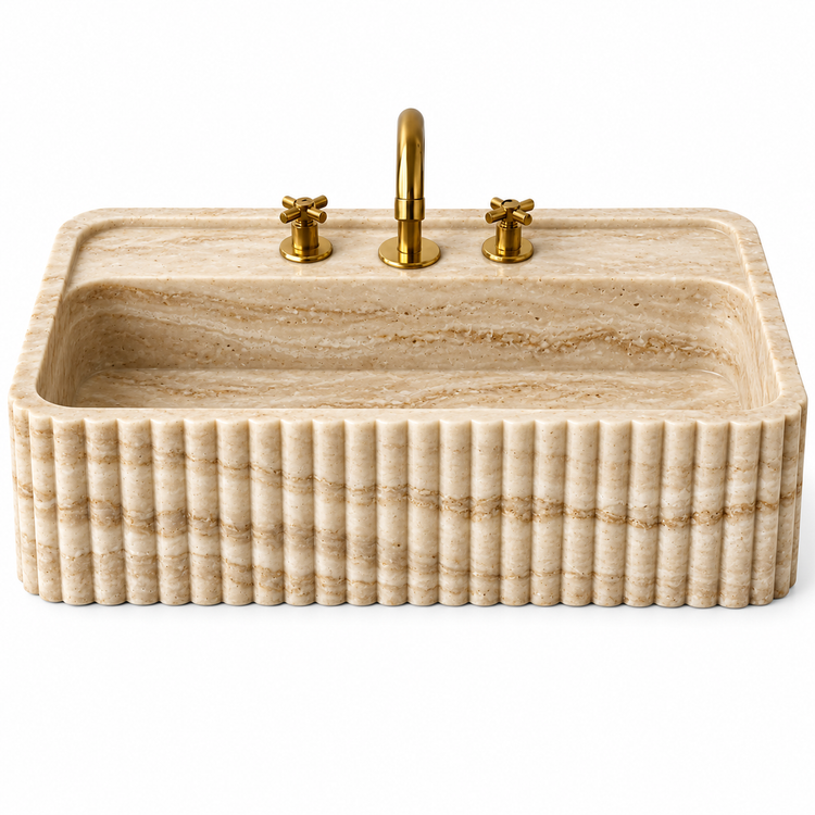 Travertine Stone rounded fluted bathroom sink, illustrative rendering