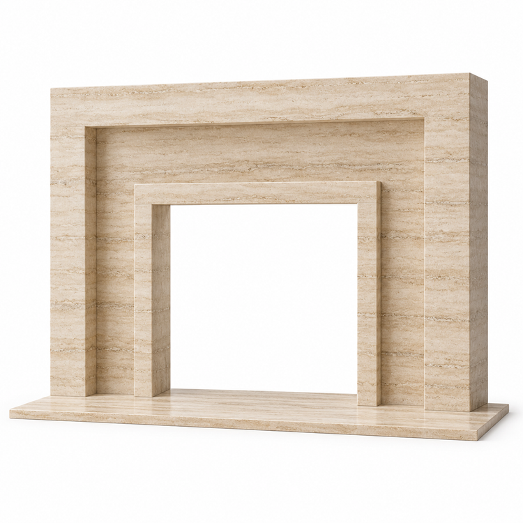 Travertine Stepped Portal Stone Fireplace Surround with Hearth on white background
