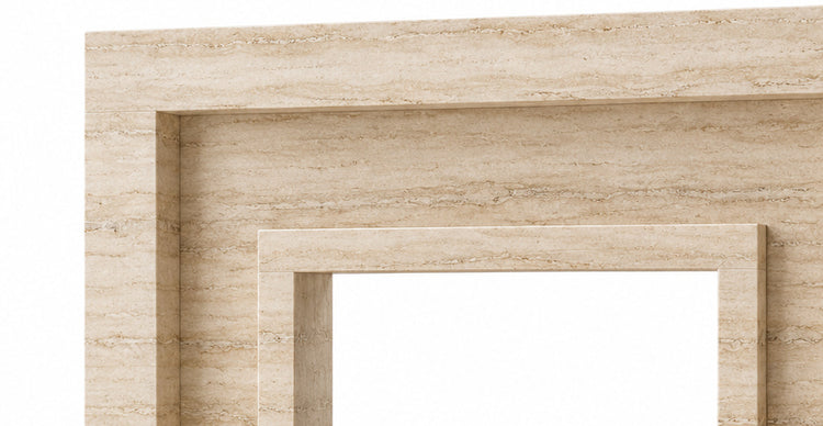 Travertine Stepped Portal Stone Fireplace Surround with Hearth - upper mantel and carved profile detail