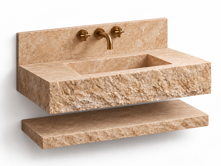 Travertine Stone Sink with Shelf and Backsplash, side view (design rendering)