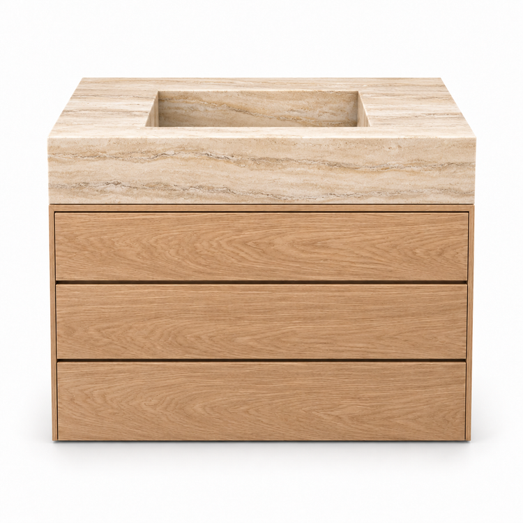 Travertine integrated sink and oak three-drawer vanity, front view