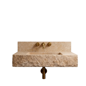 Floating Travertine Stone Sink with Backsplash | Custom Wall Mounted Vanity