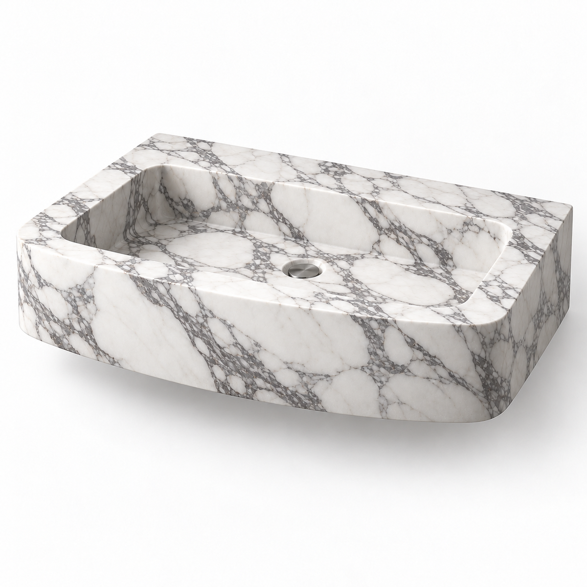 Vela Arabescato Bowed Front Floating Marble Sink, three-quarter view on white, design rendering
