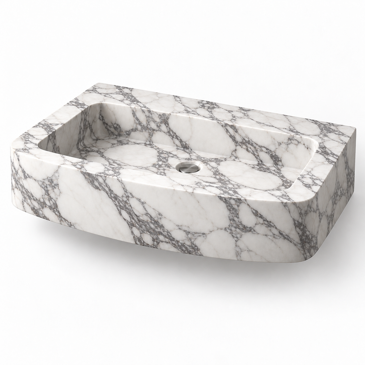 Vela Arabescato Bowed Front Floating Marble Sink, three-quarter view on white, design rendering