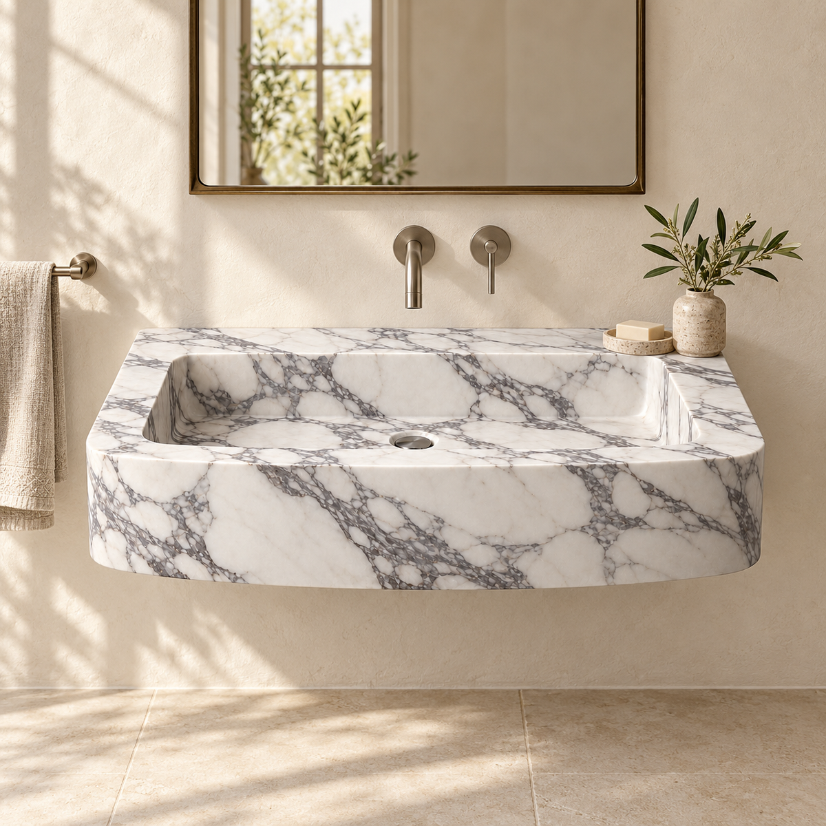 Vela Arabescato Bowed Front Floating Marble Sink, styled bathroom view, design rendering