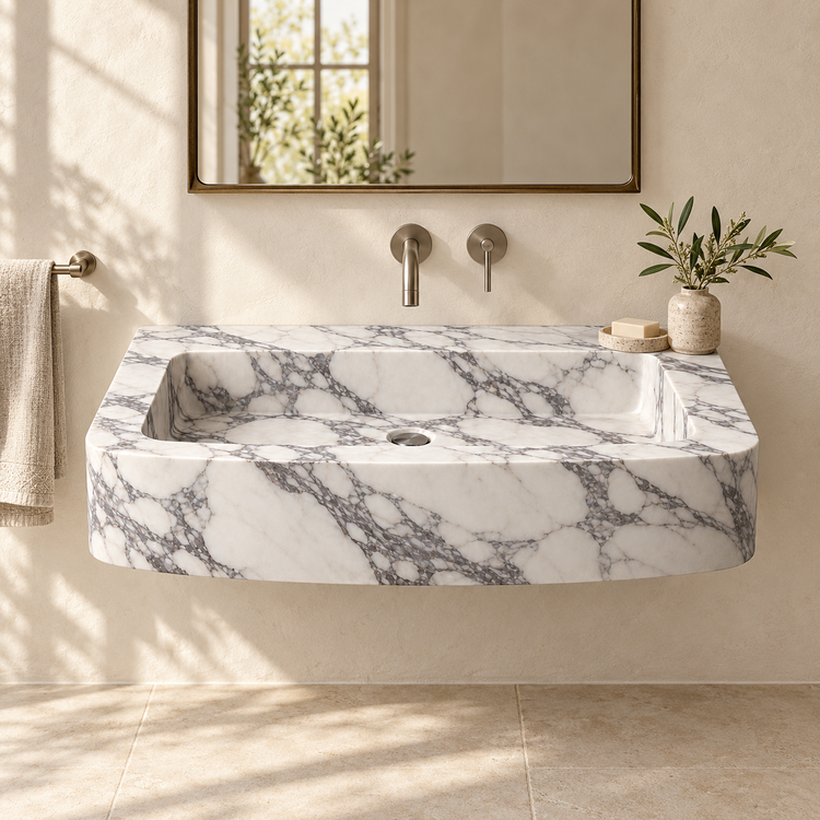 Vela Arabescato Bowed Front Floating Marble Sink, styled bathroom view, design rendering