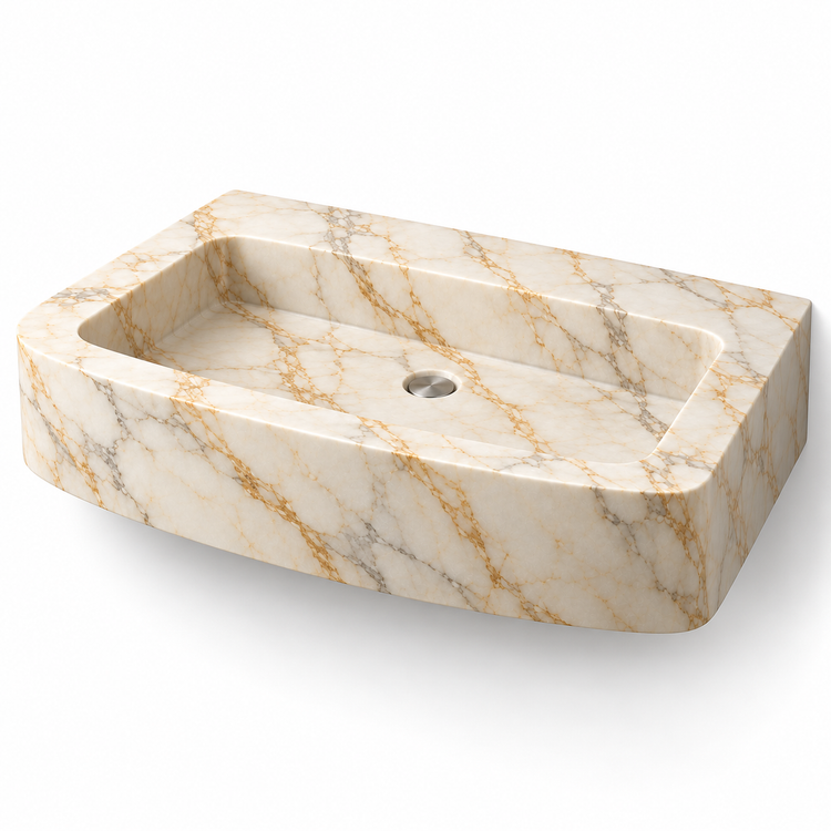 Vela Calacatta Gold Bowed Front Floating Marble Sink, three-quarter view on white, design rendering
