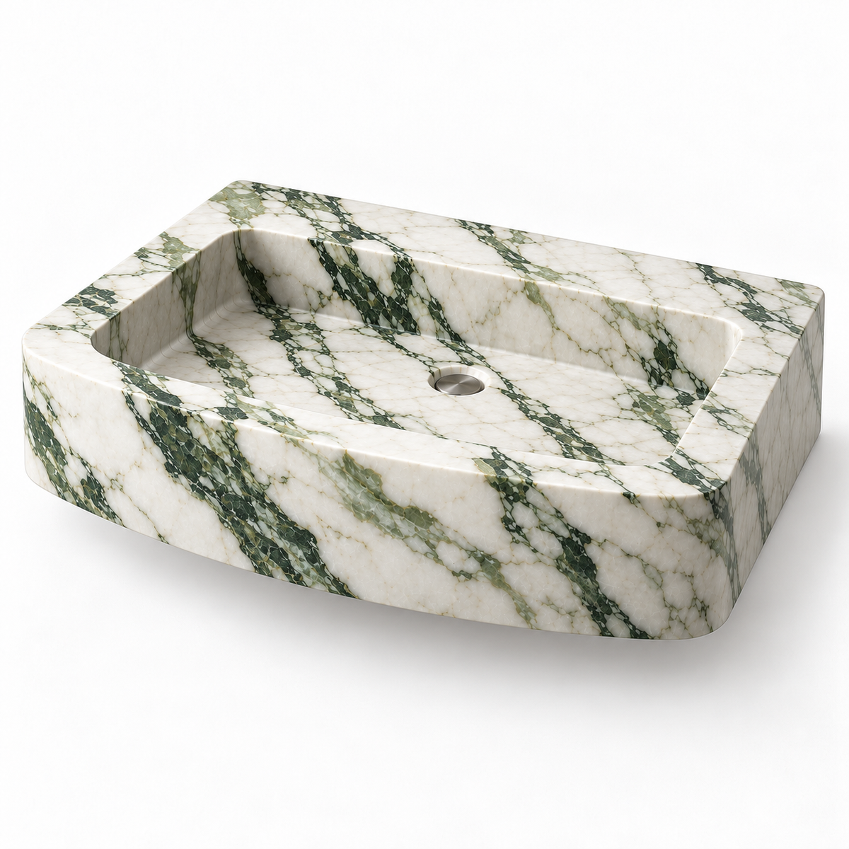 Vela Calacatta Green Bowed Front Floating Marble Sink, three-quarter view on white, design rendering