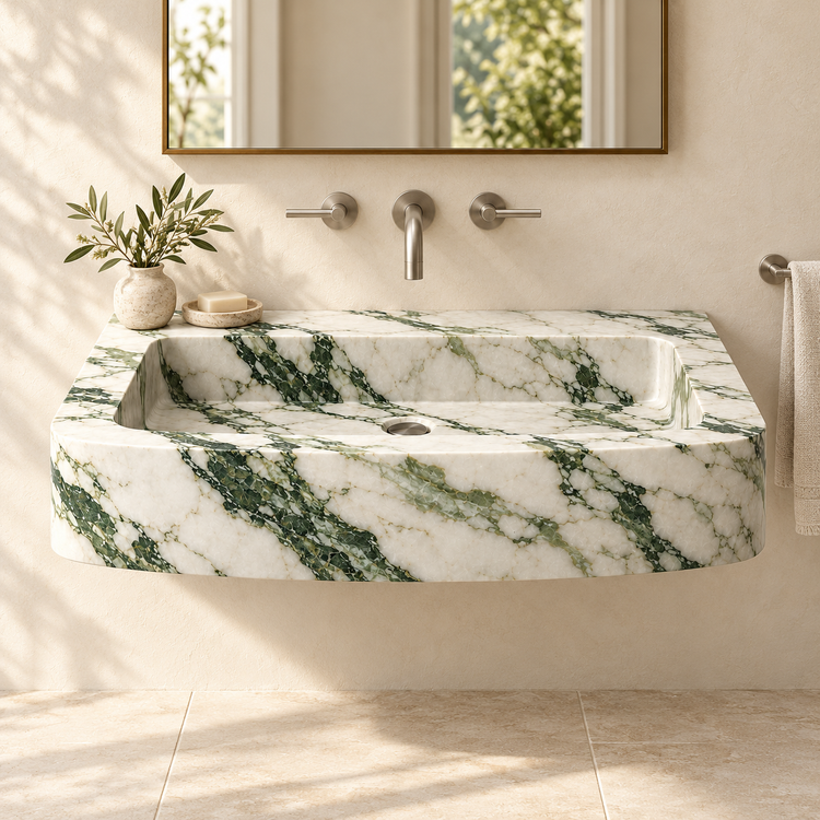 Vela Calacatta Green Bowed Front Floating Marble Sink, styled bathroom view, design rendering