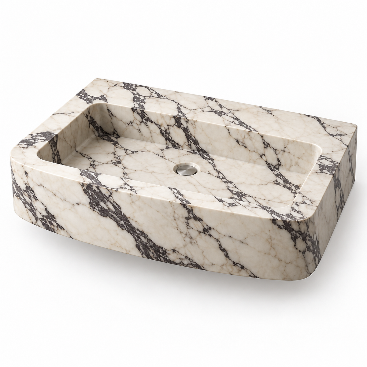 Vela Calacatta Viola floating marble sink, three-quarter view, design rendering