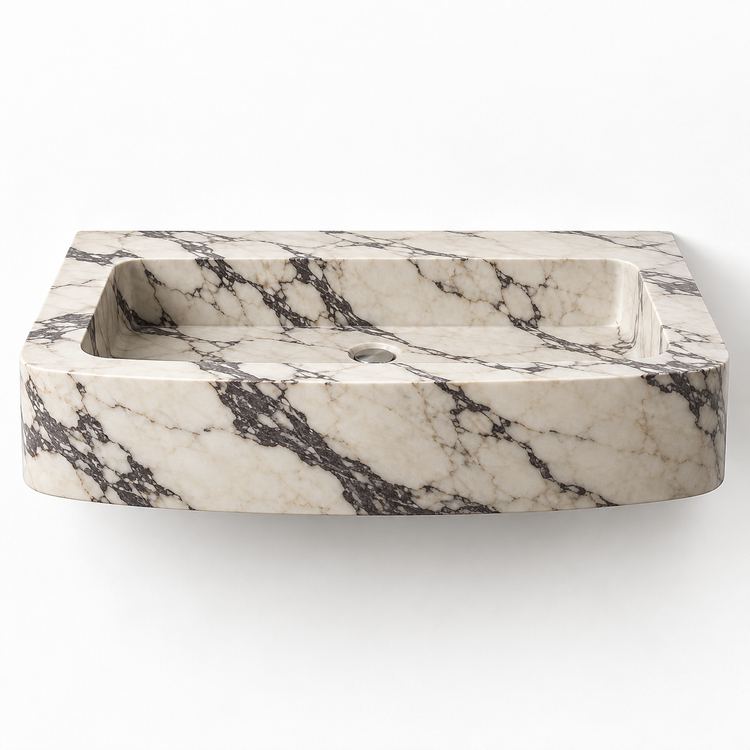 Vela Calacatta Viola bowed front floating sink, front view design rendering